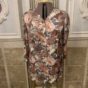 Unbranded Sz 18. Floral Uncollared Jewel Neck Button Front 3/4 Sleeve top. B56